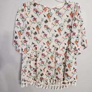 Altar State Floral & Birds Print Tasseled Tiered Sheer Top Boho Resortwear Sz M